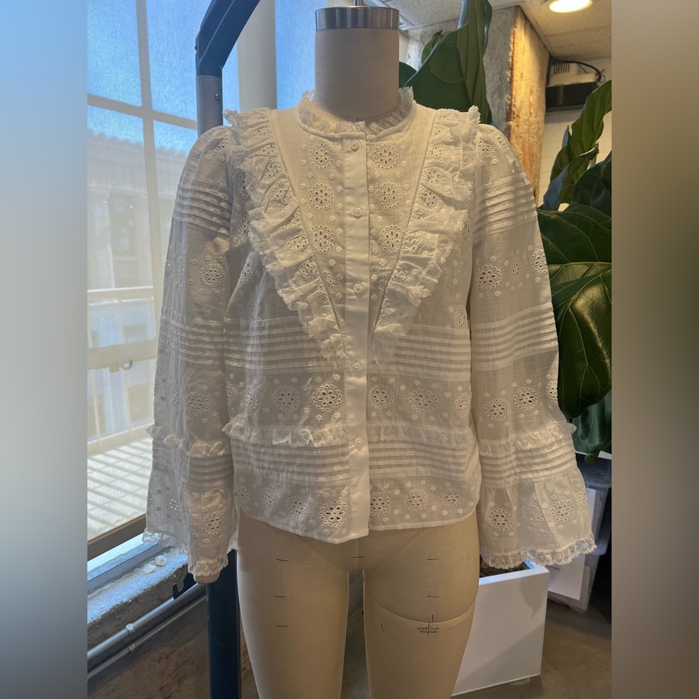 Sezane White Eyelet Ruffle Wrap Blouse - Picture 5 of 8